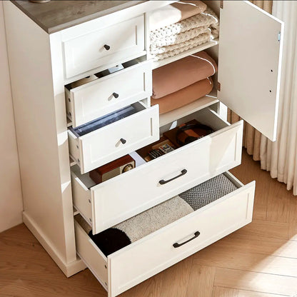Modern White Storage Cabinet with 5 Drawers & Side Door – Stylish Bedroom Dresser Organizer