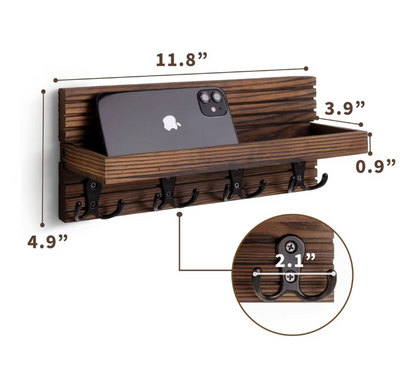 Wall Mounted Key Holder & Mail Organizer – 100% Natural Pine Wood Entryway Shelf with Hooks for Keys, Mail, Sunglasses & Home Decor