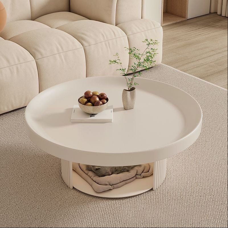 Modern Round Coffee Table with Built-In Pet Bed – 75cm French Retro Style Low Table for Living Room