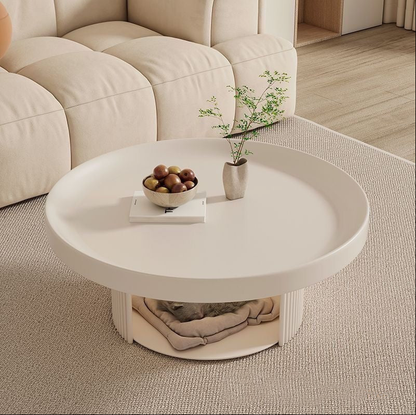 Modern Round Coffee Table with Built-In Pet Bed – 75cm French Retro Style Low Table for Living Room