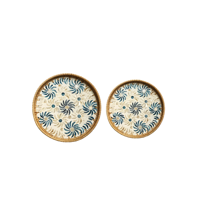Handmade Rattan and Shell Mosaic Trays – Set of 2 - Coastal Boho Decorative Serving Trays