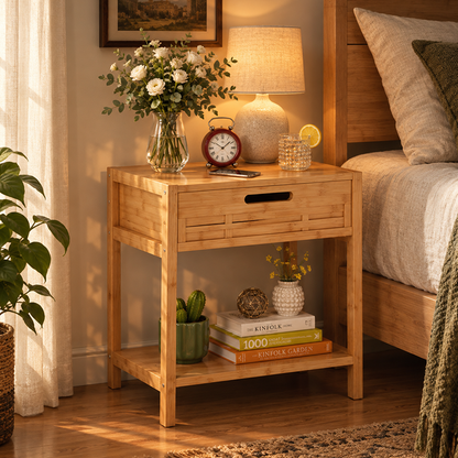Solid Bamboo Wood Bedside Table with Drawer, Modern Nightstand