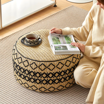 Embroidered Moroccan Pouf Ottoman – Geometric Boho Floor Stool