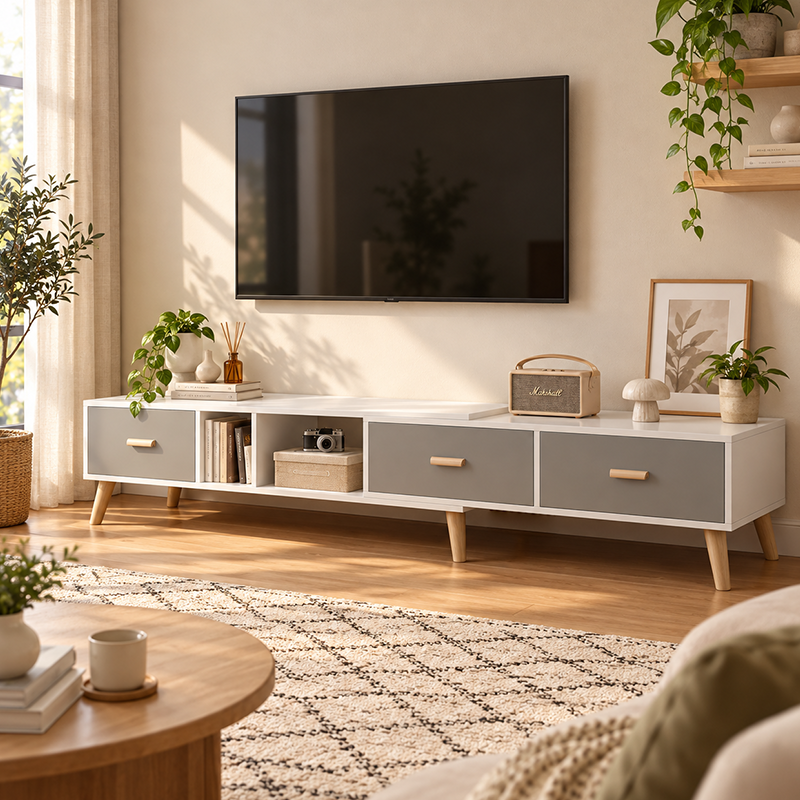 Modern TV Cabinet for Small Living Rooms – Retractable Wood Media Console