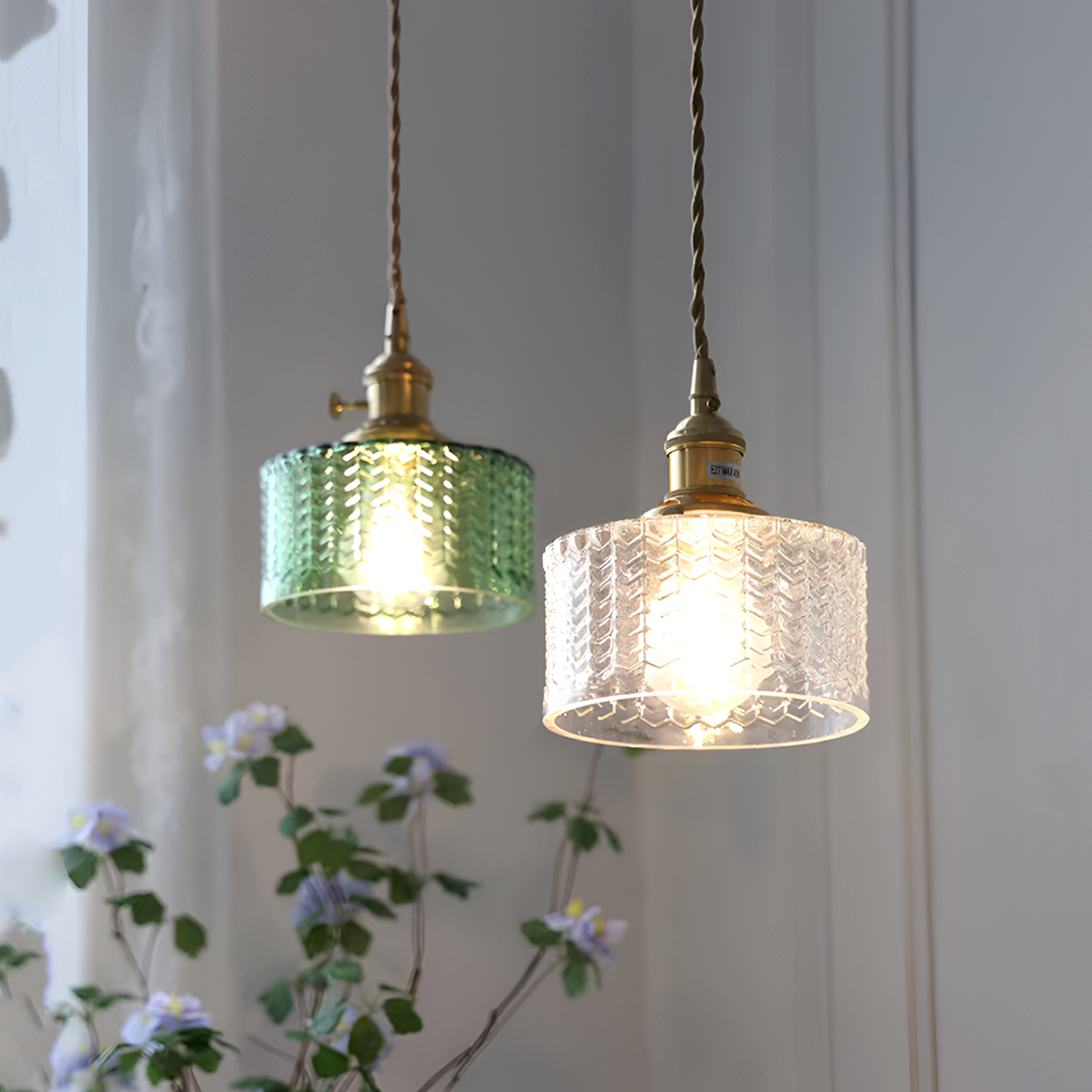 Vintage Brass Herringbone Glass Pendant Light – Retro Japanese Style Hanging Lamp
