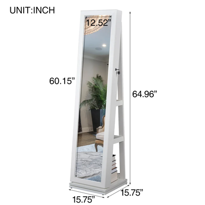 Full Length Mirror Jewelry Cabinet – 360° Swivel Standing Armoire with Storage, Shelves and Lock