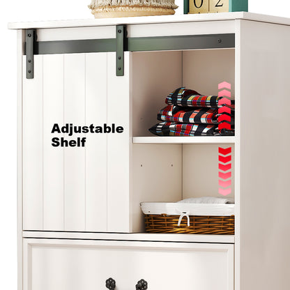 White Storage Cabinet with Sliding Door & 5 Drawers – Adjustable Shelf Dresser for Bedroom or Living Room