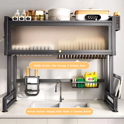 Over the Sink Dish Drying Rack with Dustproof Cover – Multifunctional Kitchen Storage Organizer
