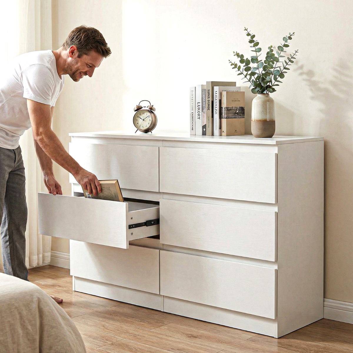 Modern 6-Drawer Dresser Cabinet – Minimalist Storage Solution in Olive Green or Grey
