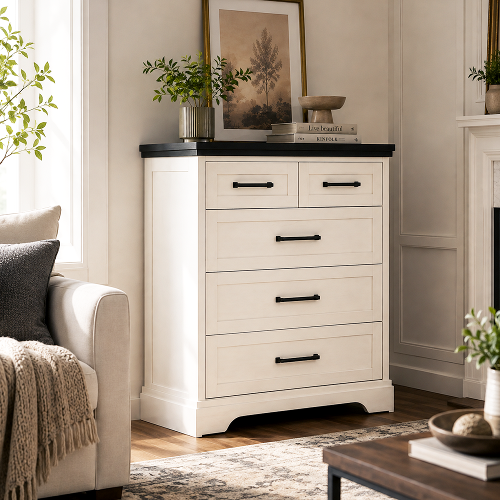 5-Drawer Chest of Drawers - Black & White Solid Wood Storage Cabinet