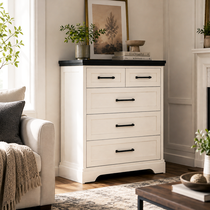 5-Drawer Chest of Drawers - Black & White Solid Wood Storage Cabinet