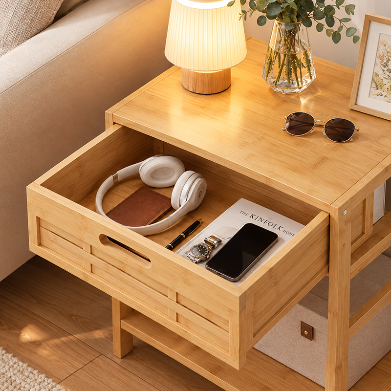 Solid Bamboo Wood Bedside Table with Drawer, Modern Nightstand