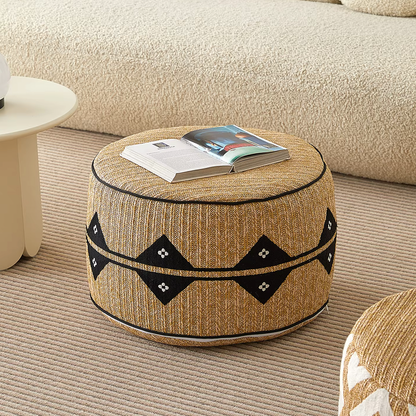 Embroidered Moroccan Pouf Ottoman – Geometric Boho Floor Stool