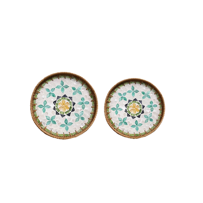 Handmade Rattan and Shell Mosaic Trays – Set of 2 - Coastal Boho Decorative Serving Trays