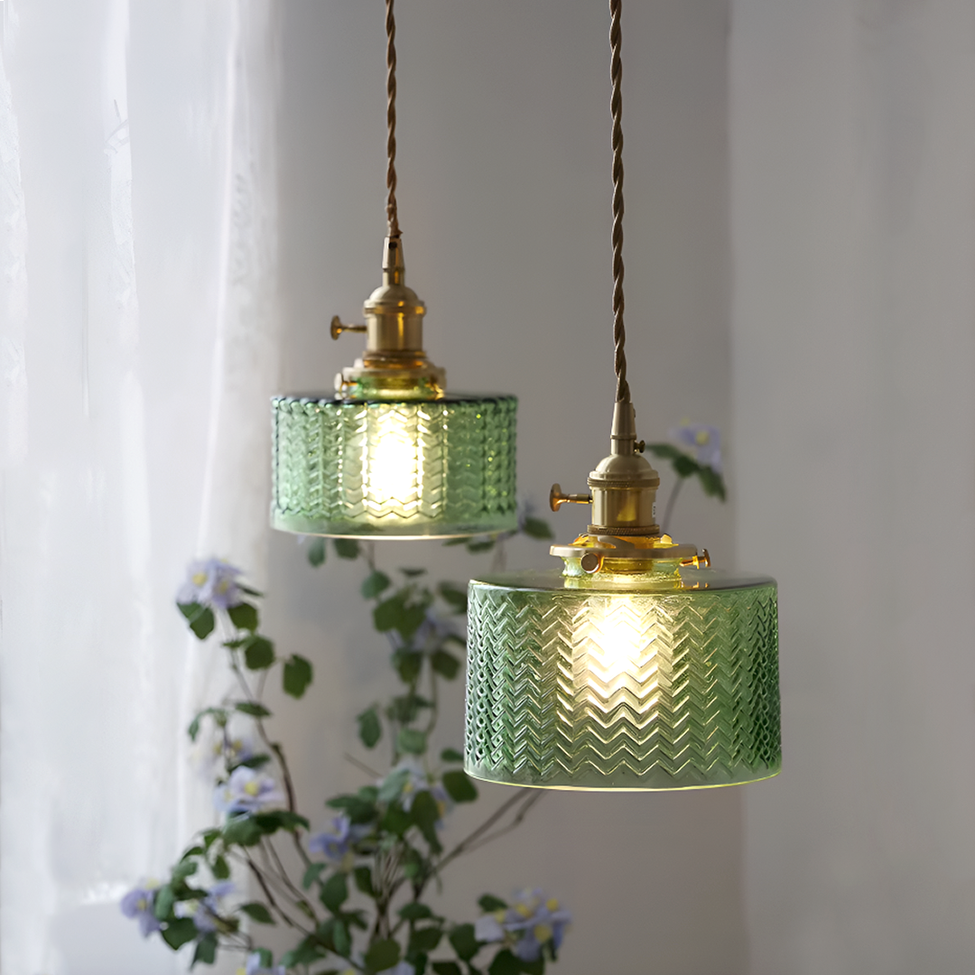 Vintage Brass Herringbone Glass Pendant Light – Retro Japanese Style Hanging Lamp