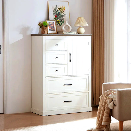 Modern White Storage Cabinet with 5 Drawers & Side Door – Stylish Bedroom Dresser Organizer