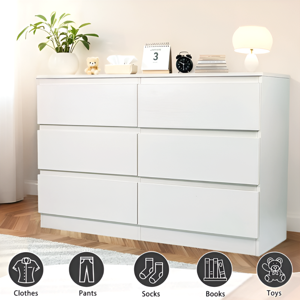 Modern 6-Drawer Dresser Cabinet – Minimalist Storage Solution in Olive Green or Grey