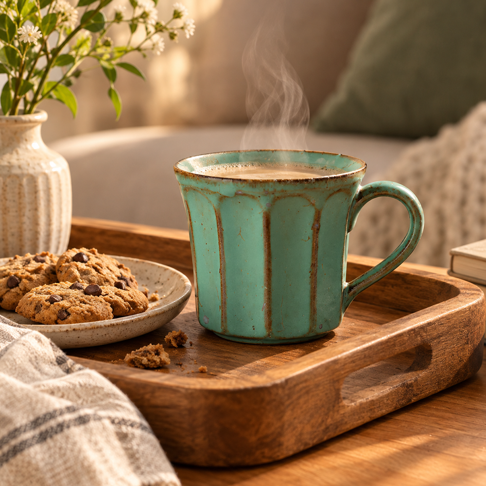 Handmade Stoneware Coffee Mug – Rustic Vintage Glazed Ceramic with Vertical Groove Design