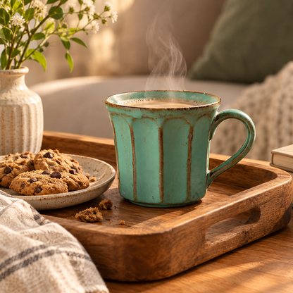 Handmade Stoneware Coffee Mug – Rustic Vintage Glazed Ceramic with Vertical Groove Design