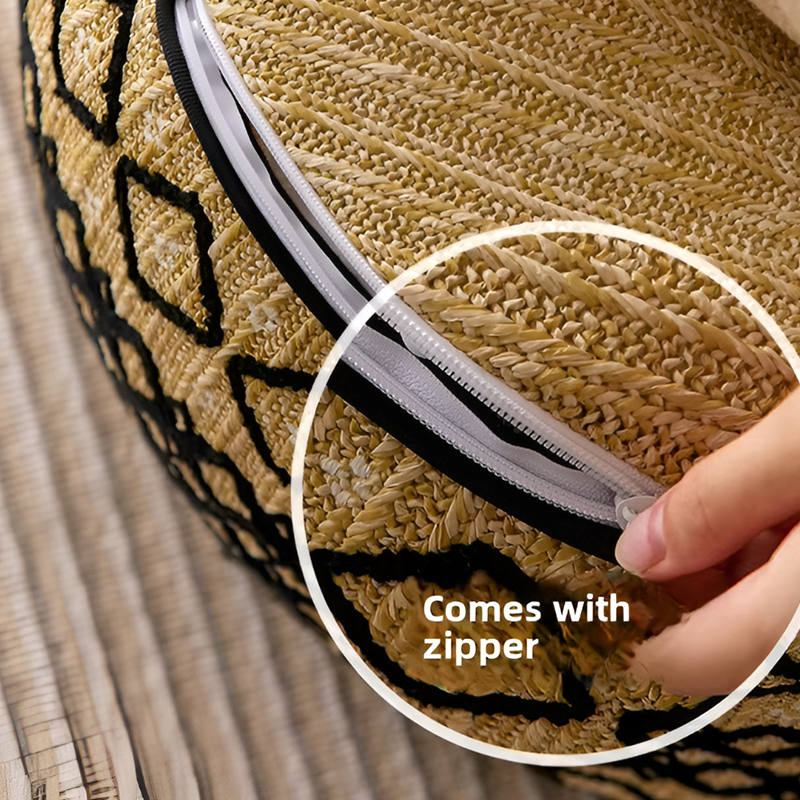 Embroidered Moroccan Pouf Ottoman – Geometric Boho Floor Stool