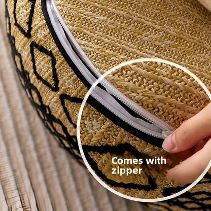 Embroidered Moroccan Pouf Ottoman – Geometric Boho Floor Stool