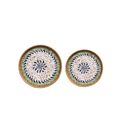 Handmade Rattan and Shell Mosaic Trays – Set of 2 - Coastal Boho Decorative Serving Trays
