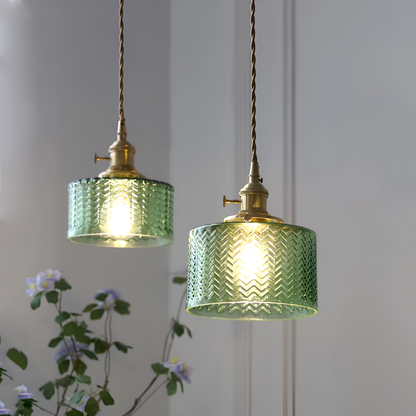 Vintage Brass Herringbone Glass Pendant Light – Retro Japanese Style Hanging Lamp