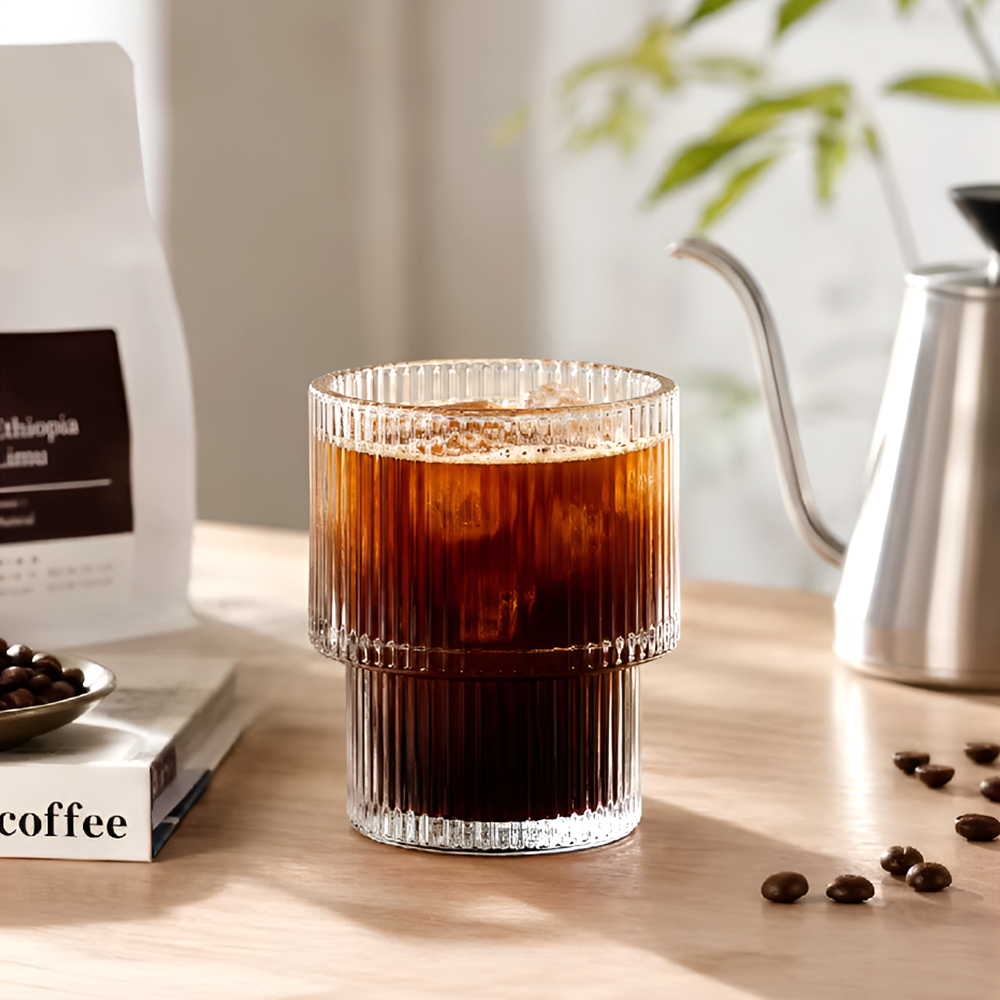 High Borosilicate Glass Cup – Large-Capacity Vertical Grain Milk & Iced Coffee Drinkware