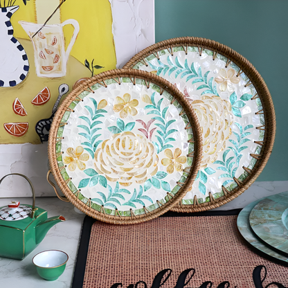 Handmade Rattan and Shell Mosaic Trays – Set of 2 - Coastal Boho Decorative Serving Trays