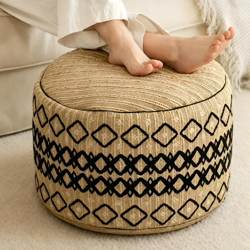 Embroidered Moroccan Pouf Ottoman – Geometric Boho Floor Stool