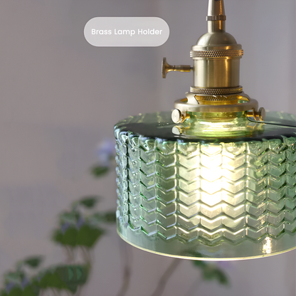 Vintage Brass Herringbone Glass Pendant Light – Retro Japanese Style Hanging Lamp