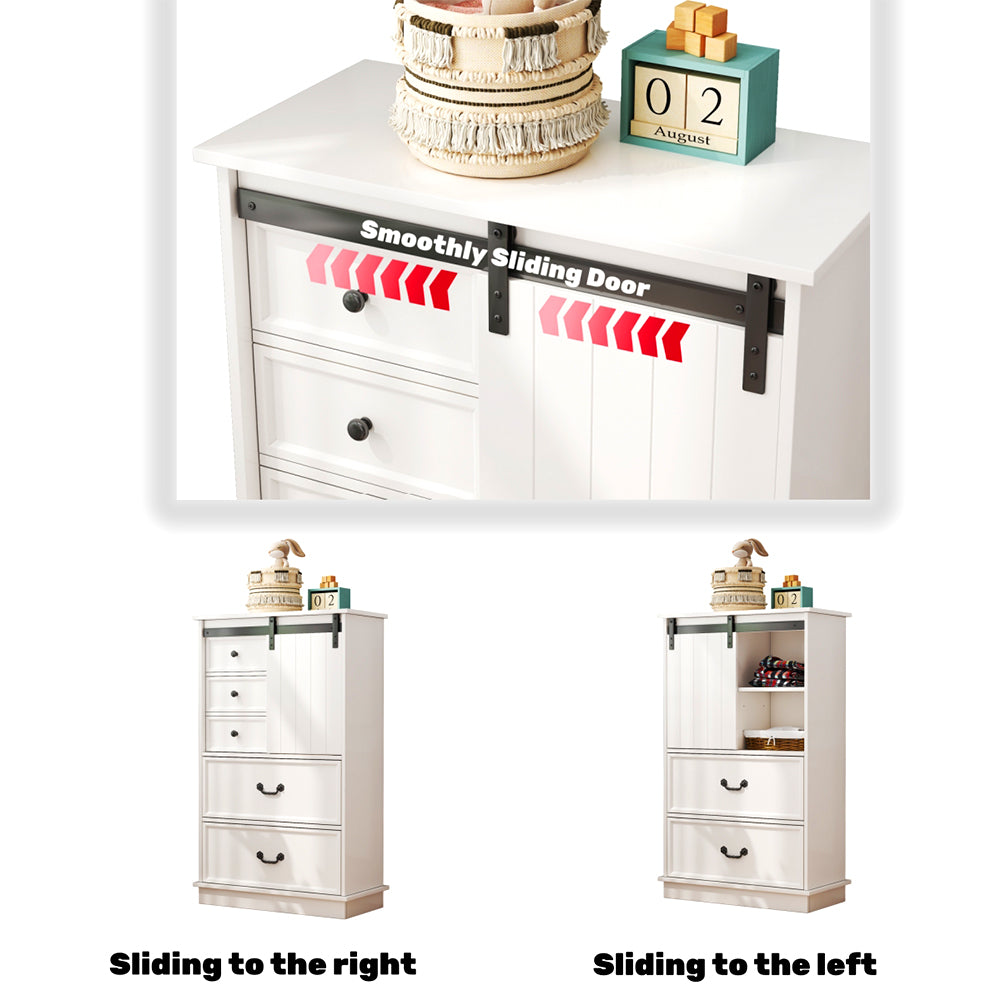 White Storage Cabinet with Sliding Door & 5 Drawers – Adjustable Shelf Dresser for Bedroom or Living Room