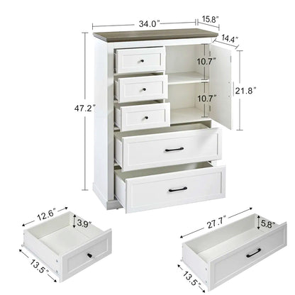 Modern White Storage Cabinet with 5 Drawers & Side Door – Stylish Bedroom Dresser Organizer