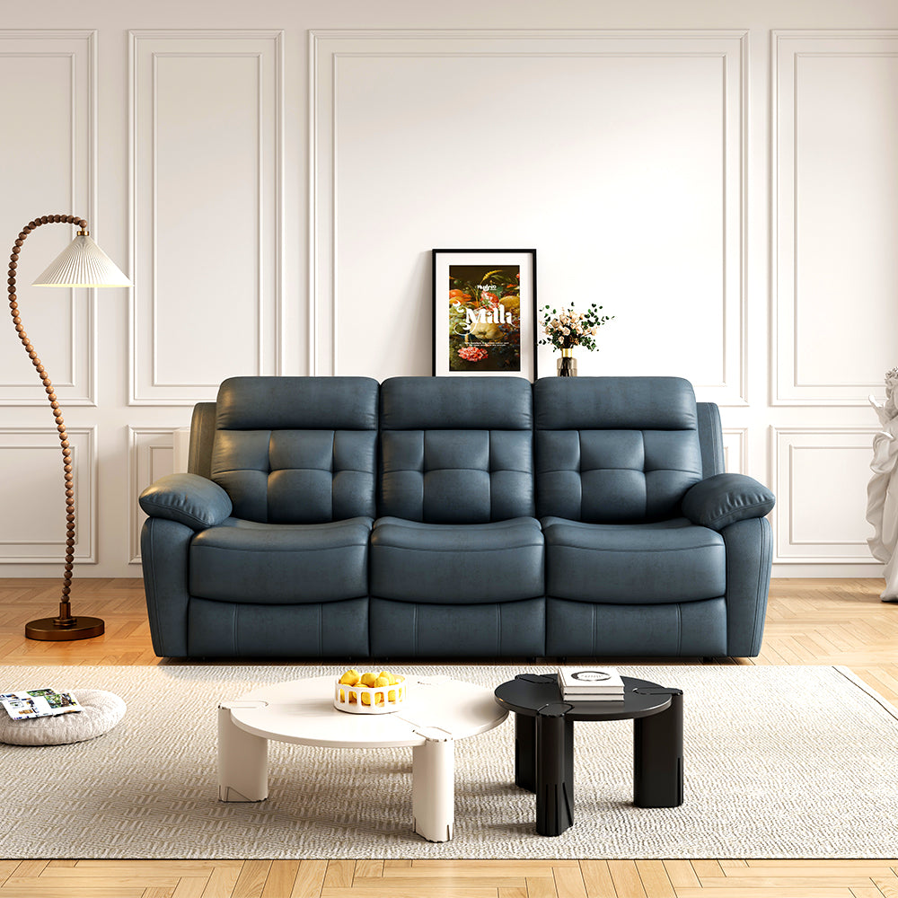 Genuine Leather Manual Reclining 3-Seater Sofa with Drop-Down Table, Cup Holders & Storage