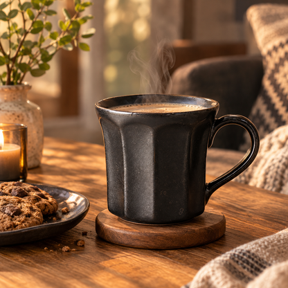 Handmade Stoneware Coffee Mug – Rustic Vintage Glazed Ceramic with Vertical Groove Design