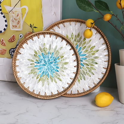 Handmade Rattan and Shell Mosaic Trays – Set of 2 - Coastal Boho Decorative Serving Trays