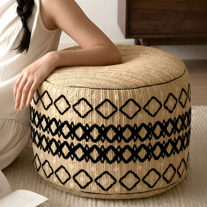 Embroidered Moroccan Pouf Ottoman – Geometric Boho Floor Stool