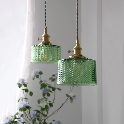 Vintage Brass Herringbone Glass Pendant Light – Retro Japanese Style Hanging Lamp