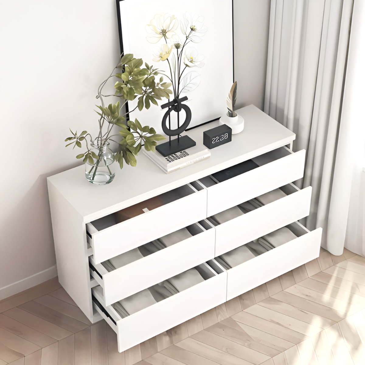 Modern 6-Drawer Dresser Cabinet – Minimalist Storage Solution in Olive Green or Grey
