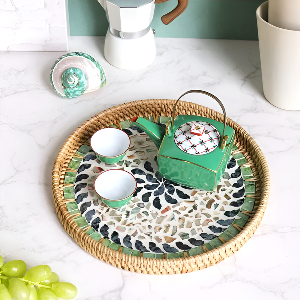 Handmade Rattan and Shell Mosaic Trays – Set of 2 - Coastal Boho Decorative Serving Trays