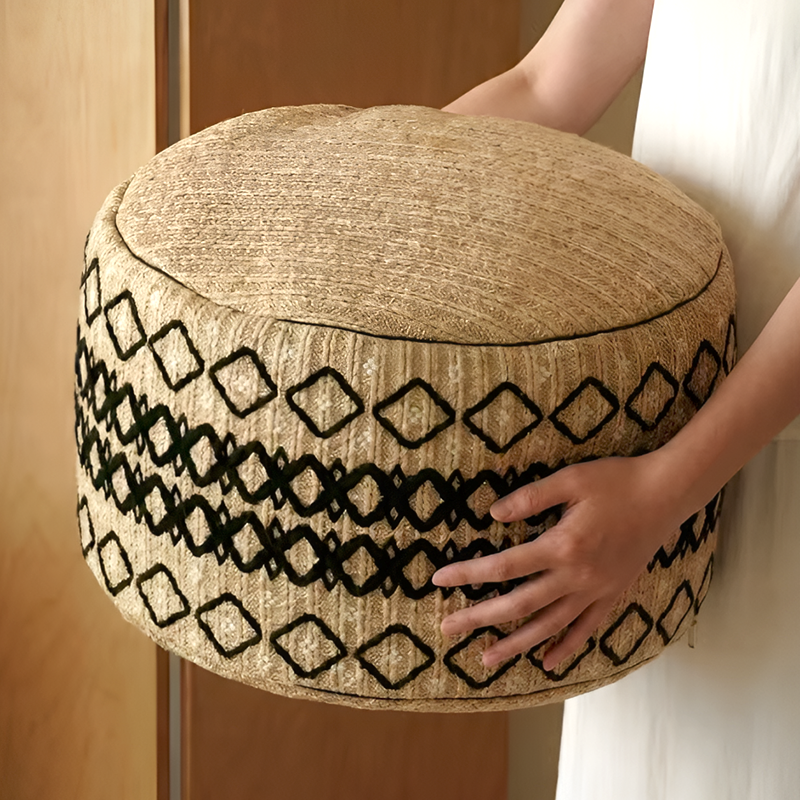 Embroidered Moroccan Pouf Ottoman – Geometric Boho Floor Stool