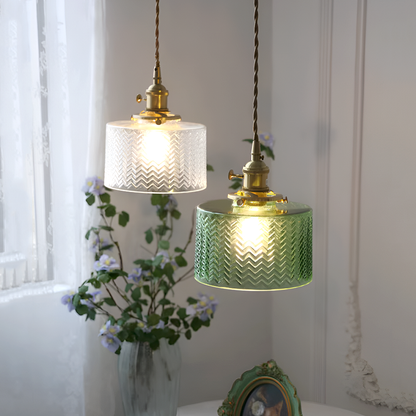 Vintage Brass Herringbone Glass Pendant Light – Retro Japanese Style Hanging Lamp