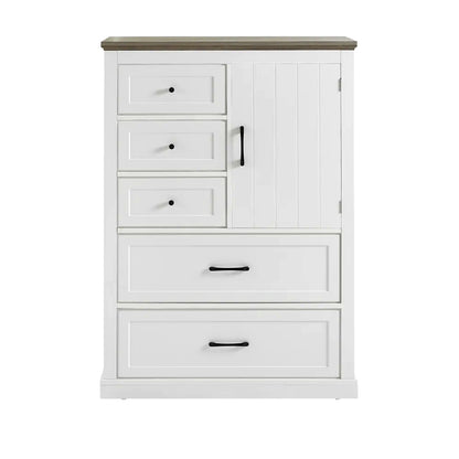 Modern White Storage Cabinet with 5 Drawers & Side Door – Stylish Bedroom Dresser Organizer