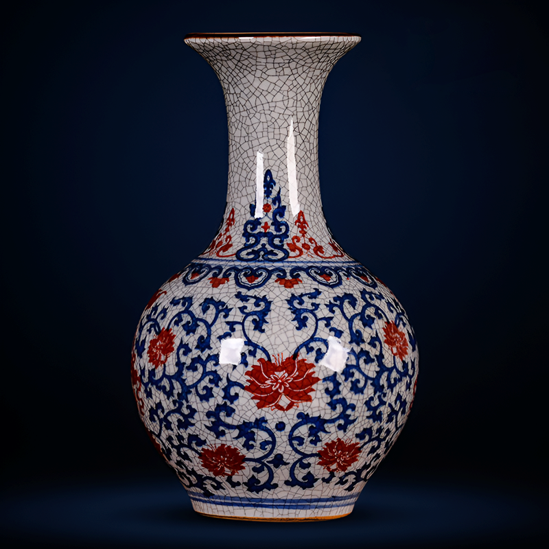 Hand-Painted Antique-Style Blue And White Red Lotus Crackle Glaze Ceramic Vase with Wooden Base And Collector’s Certificate