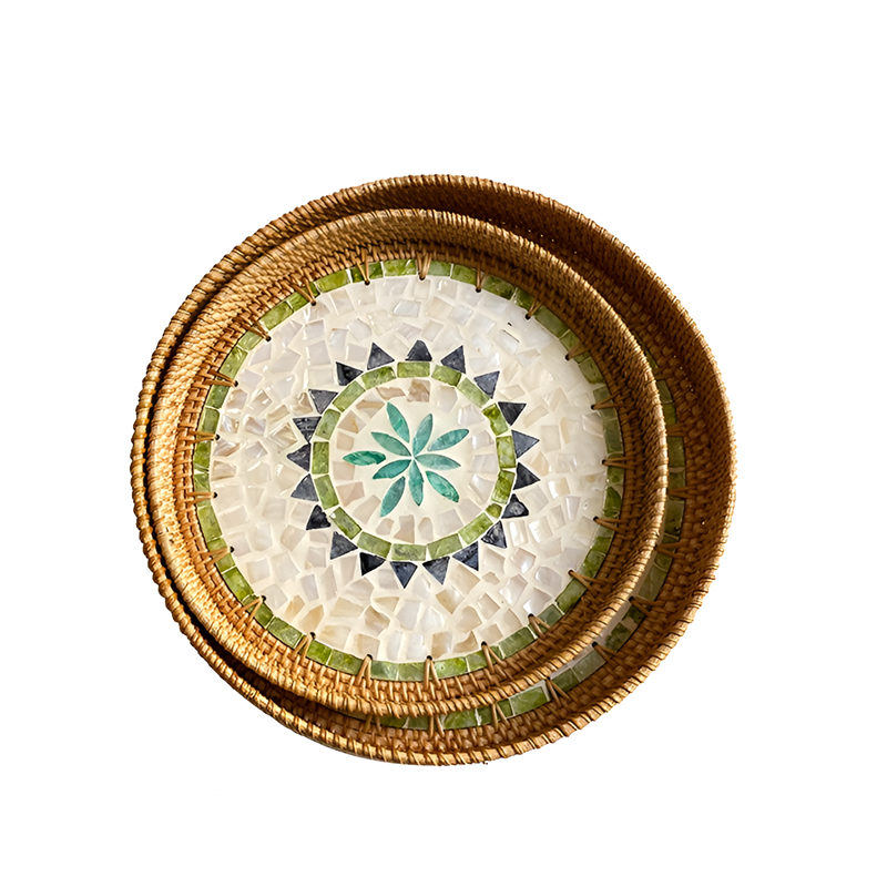 Handmade Rattan and Shell Mosaic Trays – Set of 2 - Coastal Boho Decorative Serving Trays