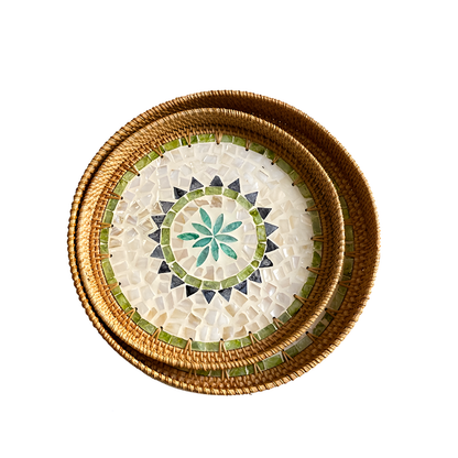 Handmade Rattan and Shell Mosaic Trays – Set of 2 - Coastal Boho Decorative Serving Trays
