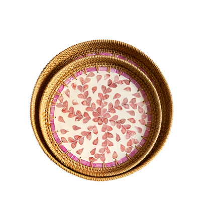 Handmade Rattan and Shell Mosaic Trays – Set of 2 - Coastal Boho Decorative Serving Trays