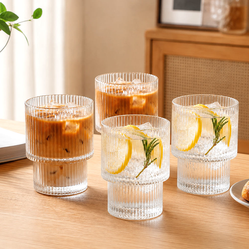 High Borosilicate Glass Cup – Large-Capacity Vertical Grain Milk & Iced Coffee Drinkware
