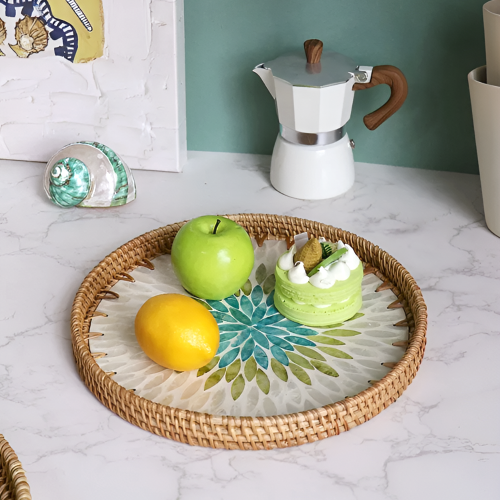 Handmade Rattan and Shell Mosaic Trays – Set of 2 - Coastal Boho Decorative Serving Trays