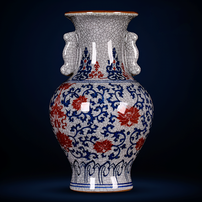 Hand-Painted Antique-Style Blue And White Red Lotus Crackle Glaze Ceramic Vase with Wooden Base And Collector’s Certificate